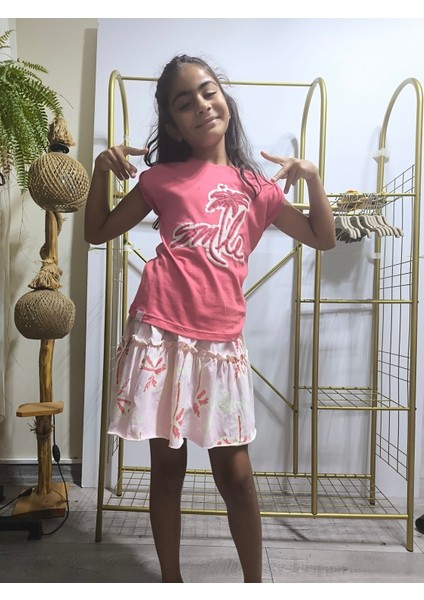 Kız Çocuk Etekli Tişörtlü Takım Pamuklu Palmiyeli modelleri