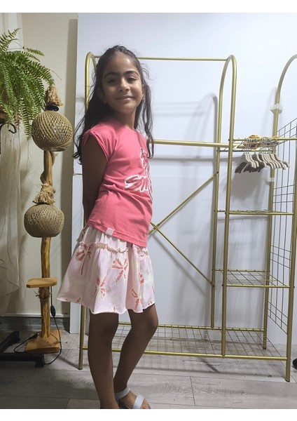 Kız Çocuk Etekli Tişörtlü Takım Pamuklu Palmiyeli fırsatları