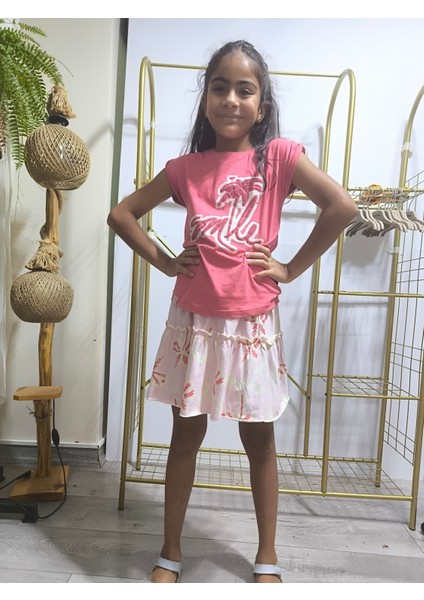 Kız Çocuk Etekli Tişörtlü Takım Pamuklu Palmiyeli