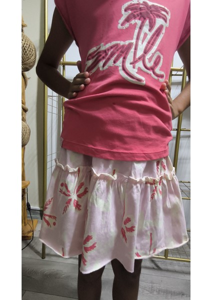 Kız Çocuk Etekli Tişörtlü Takım Pamuklu Palmiyeli