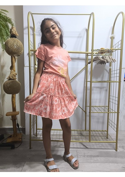 Kız Çocuk Etekli Tişörtlü Takım Pamuklu Palmiyeli