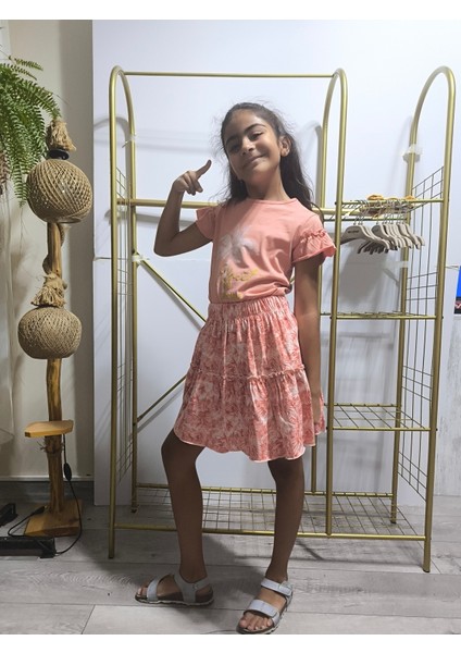 Kız Çocuk Etekli Tişörtlü Takım Pamuklu Palmiyeli indirimleri