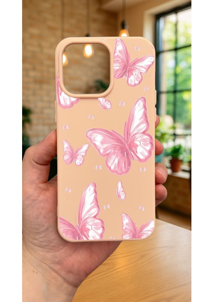 iPhone 16 Pro Max - Pembe Kelebek Desenli Silikon Darbe Emici Klasik Korumalı Rubber Kılıf fiyatları