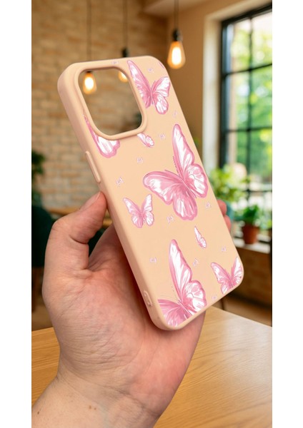 iPhone 16 Pro Max - Pembe Kelebek Desenli Silikon Darbe Emici Klasik Korumalı Rubber Kılıf modelleri