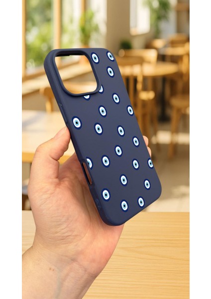 iPhone 16 Pro Max -Mavi Boncuk Desenli Silikon Darbe Emici Klasik Korumalı Rubber Kılıf modelleri