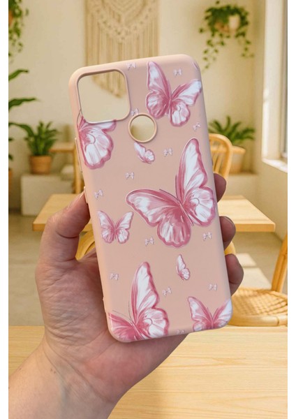 Realme C25 Uyumlu Kılıf Pembe Kelebek Desenli Silikon Darbe Emici Klasik Korumalı Rubber Kapak
