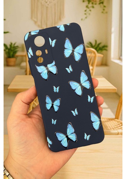 Redmi Note 12S - Mavi Kelebek Desenli Silikon Darbe Emici Klasik Korumalı Rubber Kılıf
