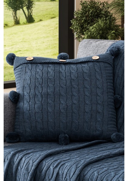 Ponponlu Triko Örme Kırlent Kılıfı - 40X40 cm Kare Yastık Kılıfı - Indigo