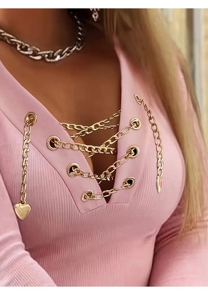 Kadın Uzun Kollu V Çapraz Zincir Detaylı Kaşkorse Bluz fiyatları