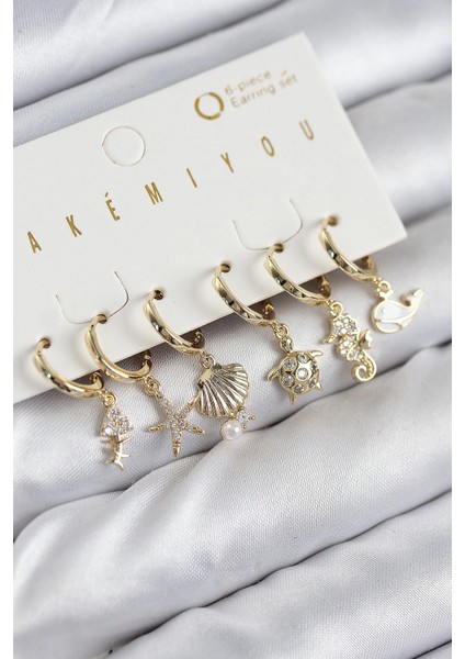 Pirinç Zirkon Taşlı İstiridye Balina Ve Yıldız Gold Renk 6'lı Küpe Set - TJ-BKP11203