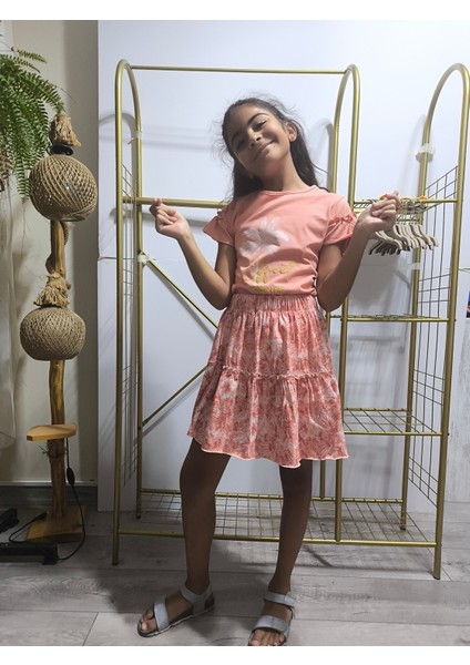 Kız Çocuk Etekli Tişörtlü Takım Pamuklu Palmiyeli