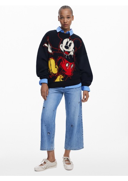 Yuvarlak Yaka Desenli Siyah Kadın Sweatshırt 25WWSK14