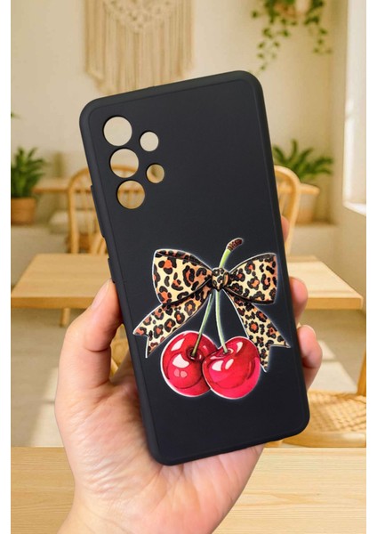 Samsung Galaxy A13 Uyumlu Kiraz Leopar Fiyonk Desenli Silikon Darbe Emici Klasik Rubber Kılıf
