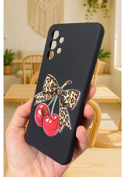 Samsung Galaxy A13 Uyumlu Kiraz Leopar Fiyonk Desenli Silikon Darbe Emici Klasik Rubber Kılıf modelleri