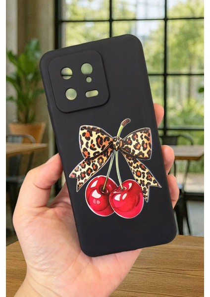 Xiaomi Mi 13 Uyumlu Kiraz Leopar Fiyonk Desenli Silikon Darbe Emici Klasik Korumalı Rubber Kılıf