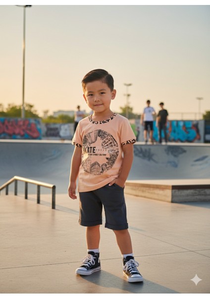 Çocuk Unisex Kız Erkek Şortlu Alt Üst Takım Kreş %100 Pamuk Rahat Tarz Tasarım Premium, Somon