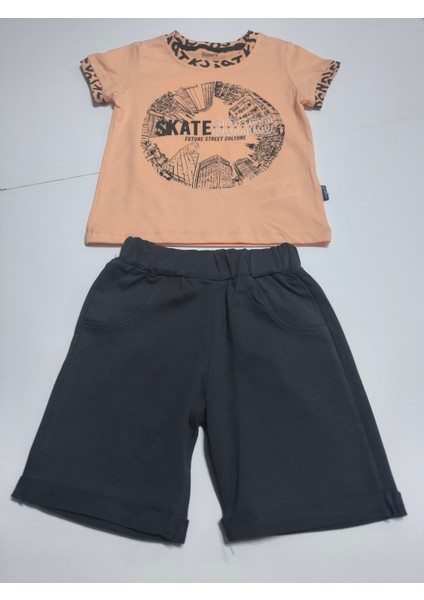 Çocuk Unisex Kız Erkek Şortlu Alt Üst Takım Kreş %100 Pamuk Rahat Tarz Tasarım Premium, Somon