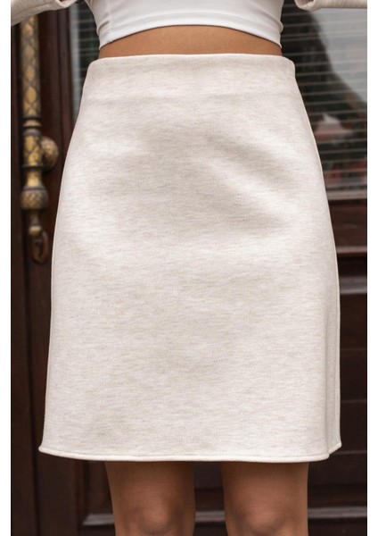 Kadın Kalın Esnek Kumaş Yüksek Bel Diz Üstü Çan Etek-Krem modelleri