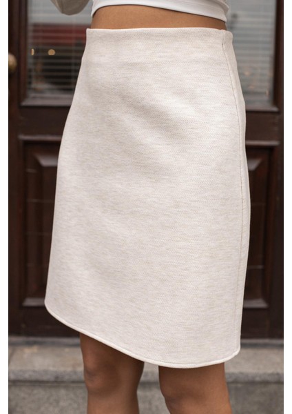 Kadın Kalın Esnek Kumaş Yüksek Bel Diz Üstü Çan Etek-Krem fırsatları
