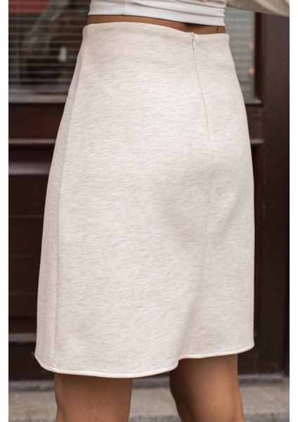 Kadın Kalın Esnek Kumaş Yüksek Bel Diz Üstü Çan Etek-Krem