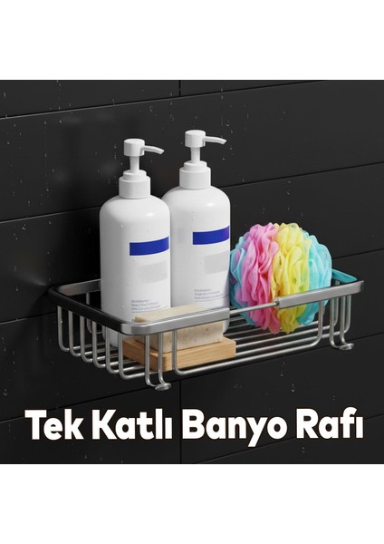 Krom Renk Banyo Duş Rafı Tek Katlı Kare Şampuanlık Sabunluk Paslanmaz Metal Duvar Tipi Organizer