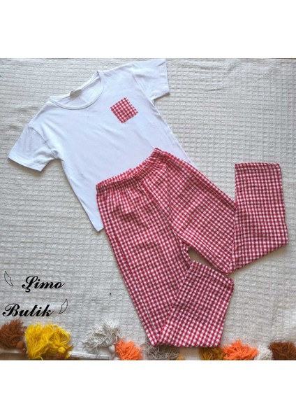 Kız Çocuk Pantolonlu Tişörtlü Takım Beyaz Tişört Pötikareli Pantolon Kırmızı, Siyah, Sarı indirimleri