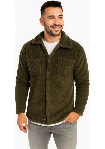 Erkek Pelüş Polar Hırka Gömlek – Yakalı, Ilik Düğmeli, Göğüs Cepli, Yumuşak Dokulu Kışlık Regular Fit Rahat Günlük Model - Haki