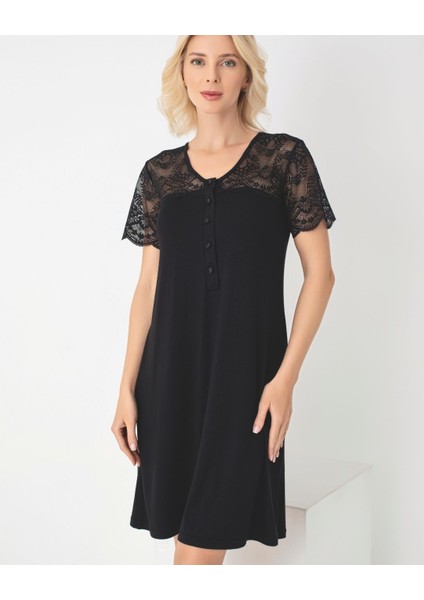 Kadın Viskon Lohusa Dantelli Patlı Yarımkol Gecelik C840-860