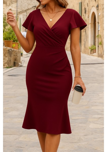 Kadın Kısa Kelebek Kollu Kruvaze Yaka Ithal Krep Midi Elbise