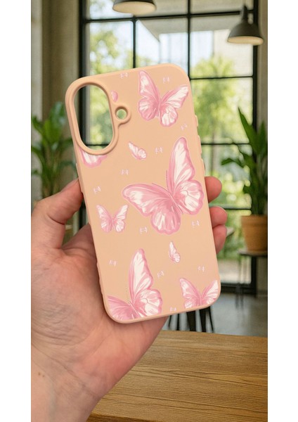 iPhone 16 Plus -Pembe Kelebek Desenli Silikon Darbe Emici Klasik Korumalı Rubber Kılıf