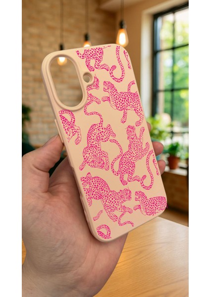 iPhone 16 Plus -Pembe Leopar Desenli Silikon Darbe Emici Klasik Korumalı Rubber Kılıf modelleri