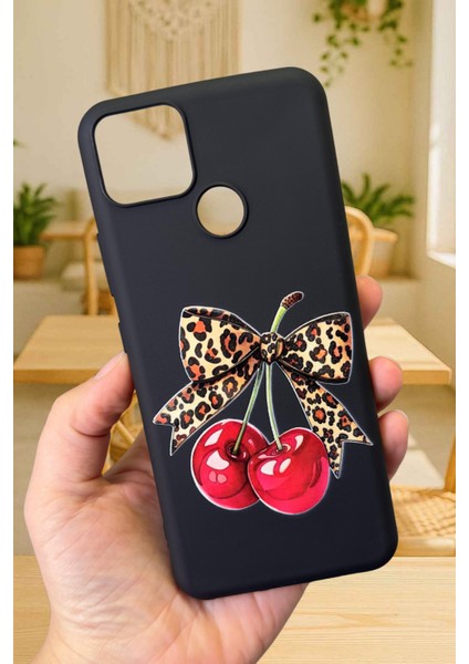 Realme C25S Uyumlu Kiraz Leopar Fiyonk Desenli Silikon Darbe Emici Klasik Korumalı Rubber Kılıf