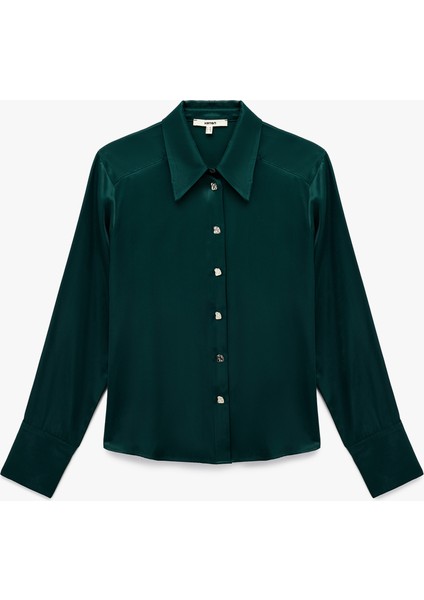 x Melis Ağazat - Uzun Kollu Metalik Düğme Detaylı Saten Gömlek modelleri