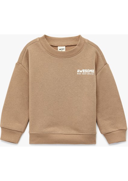 Pamuklu Uzun Kollu Bisiklet Yaka Baskılı Oversize Sweatshirt