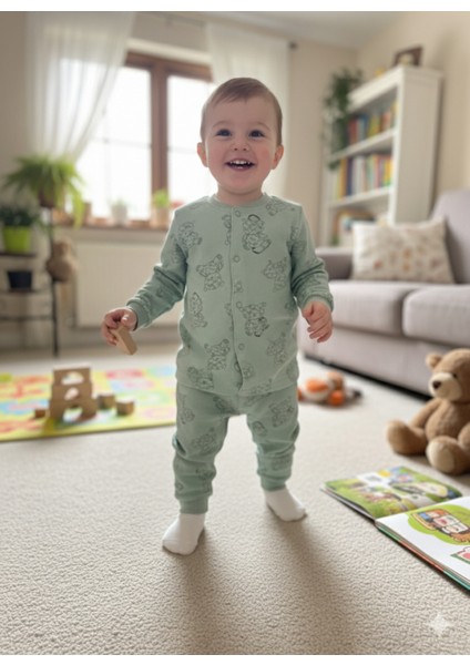 Kız-Erkek Bebek- Çocuk Pijama Takımı %100 Pamuk Uzun Kollu Önü Çıtçıtlı Mevsimlik