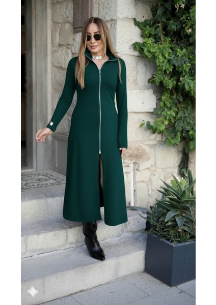 Kadın Uzun Kollu Önden Fermuarlı Ithal Krep Elbise