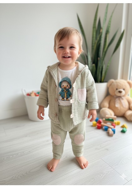 Erkek Bebek Çocuk Üçlü Takım Kapşonlu Ceketli Askılı Pantolon Müslin Keten %100 Pamuk Şık Tasarım