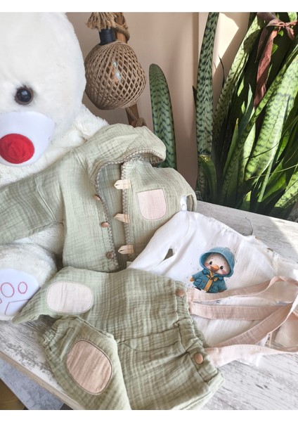 Erkek Bebek Çocuk Üçlü Takım Kapşonlu Ceketli Askılı Pantolon Müslin Keten %100 Pamuk Şık Tasarım fırsatları