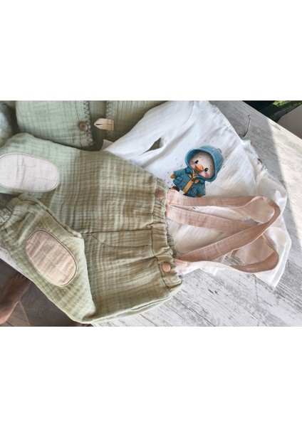 Erkek Bebek Çocuk Üçlü Takım Kapşonlu Ceketli Askılı Pantolon Müslin Keten %100 Pamuk Şık Tasarım indirimleri