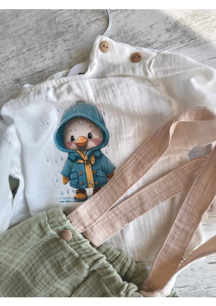 Erkek Bebek Çocuk Üçlü Takım Kapşonlu Ceketli Askılı Pantolon Müslin Keten %100 Pamuk Şık Tasarım