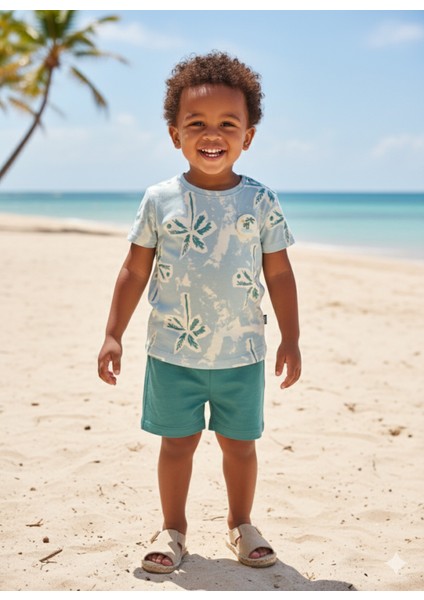 Çocuk Unisex Kız Erkek Şortlu Alt Üst Takım Kreş %100 Pamuk Rahat Tarz Tasarım Premium, Haki