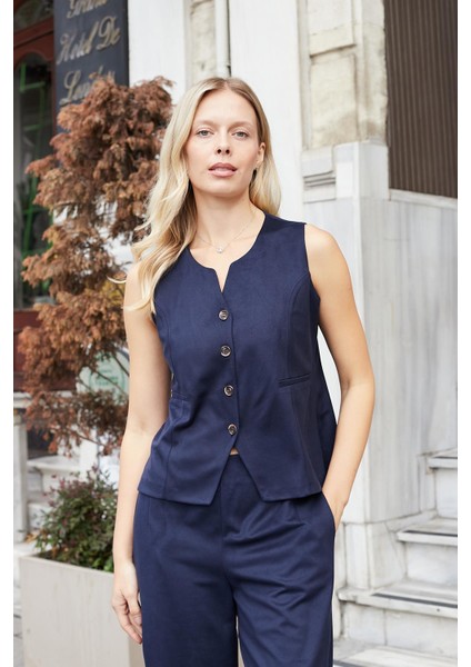 Kadın Süet Dokulu Kumaş Geniş Sıfır Yakalı Flato Cepli Yelek-Lacivert