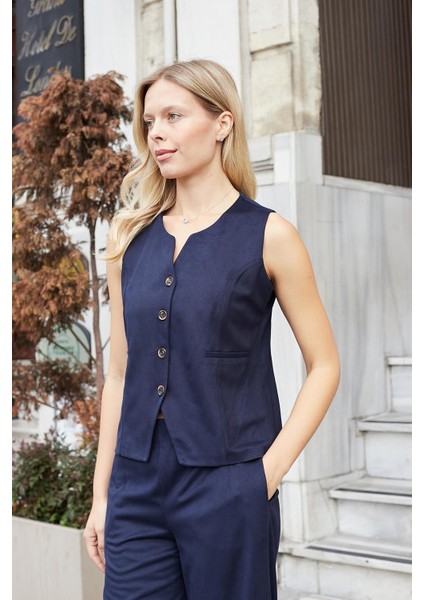 Kadın Süet Dokulu Kumaş Geniş Sıfır Yakalı Flato Cepli Yelek-Lacivert fiyatları