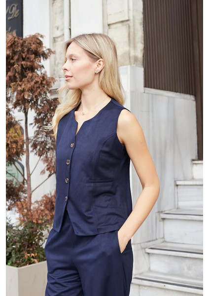 Kadın Süet Dokulu Kumaş Geniş Sıfır Yakalı Flato Cepli Yelek-Lacivert modelleri