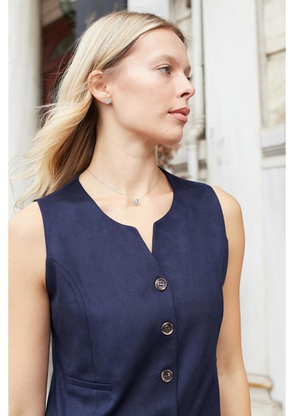 Kadın Süet Dokulu Kumaş Geniş Sıfır Yakalı Flato Cepli Yelek-Lacivert fırsatları