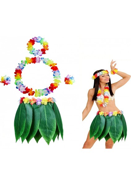 Yetişkin Hawaii Kostüm Seti - Yaprak Etek & Hawaii Set - 5 Parça