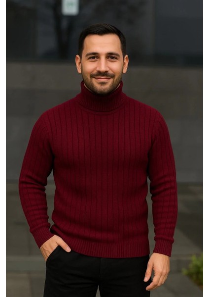 Erkek Balıkcı Yaka Bağazlı Triko Kazak Pamuklu Kalın Fitilli Dokuma, Regular Fit Uzun Kollu Kışlık Model - Bordo modelleri