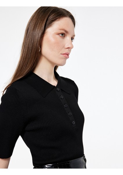 Regular Fit Yarım Düğmeli Kısa Kollu Polo Yaka Triko Kazak