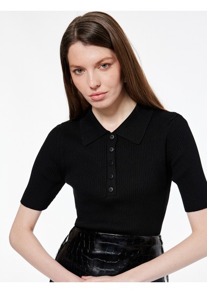 Regular Fit Yarım Düğmeli Kısa Kollu Polo Yaka Triko Kazak fiyatları