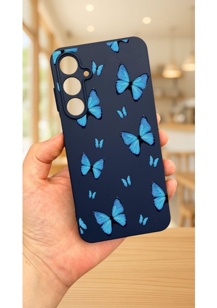 Samsung Galaxy A55 -Mavi Kelebek Desenli Silikon Darbe Emici Klasik Korumalı Rubber Kılıf